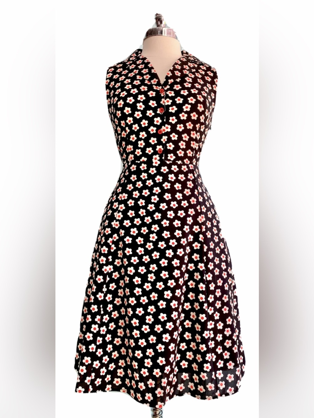 Tulip B Sleeveless Black Midi Dress with Red  & White Floral Print